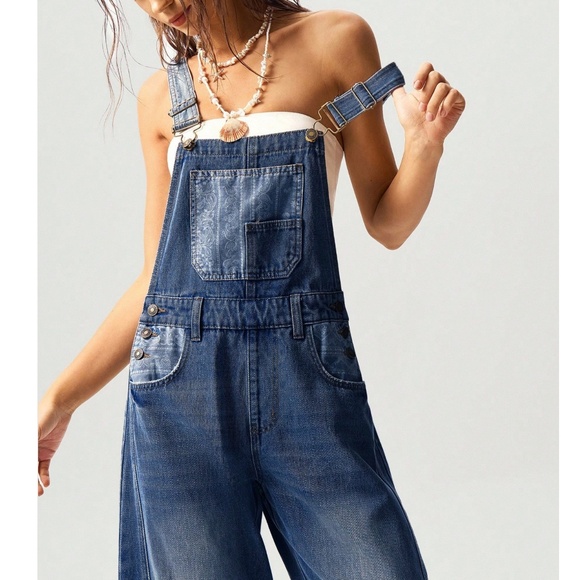 Boho Dark Wash Paisley print Button Wide Leg Denim Bib Overalls - Picture 9 of 12